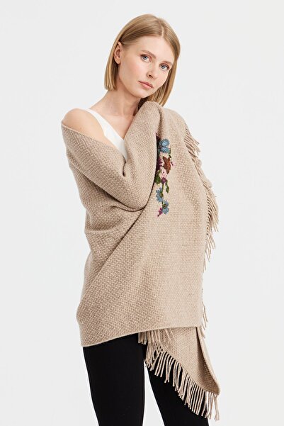 Desen Triko Women's Knitwear Brass Knitted Embroidered Wool Shawl Red Beige