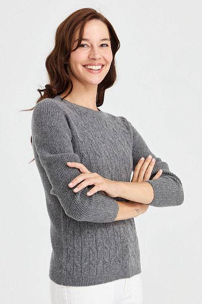 Desen Triko Women's Crew Neck Front Loose Wool Sweater Smoked