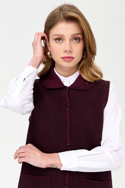 Desen Triko Vestă de lână croșetată pentru damă, guler și buzunar, roșu, prune