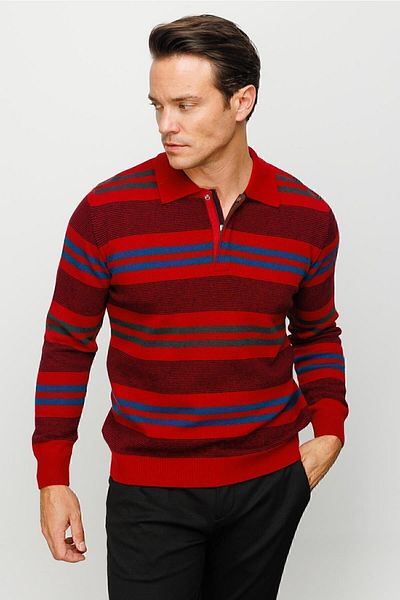Desen Triko Pulover de lână groasă cu guler polo pentru bărbați, cu dungi colorate, roșu