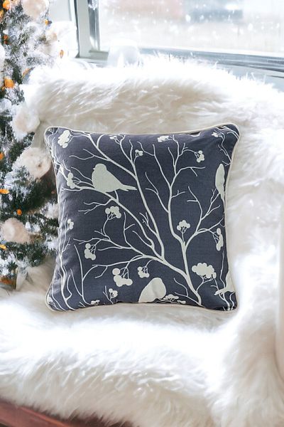 ÖZENEV 43X43 Christmas Throw Pillow Cover Anthracite Background White Bird Leaf Pattern Easter