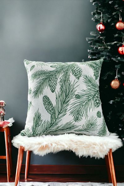 ÖZENEV 43X43 Christmas Throw Pillow Cover White Green New Year Christmas Tree Pine Tree Pine Cone