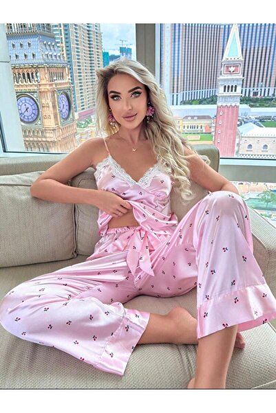 bella bonita SATEN KİRAZ BASKILI ASKILI DANTEL PİJAMA TAKIMI ÇEYİZ PEMBE