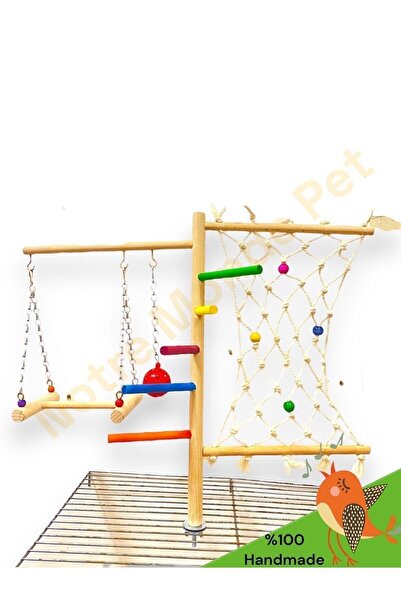 NOTREMONDEPET El Yapımı Ahşap Kafes Üstü Tırmanma Halatlı Salıncaklı Tünek