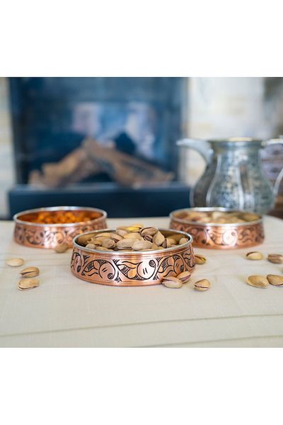 Bakır Concept 3-Piece Matte Copper Colored Snack Bowl Embroidery - 10 cm