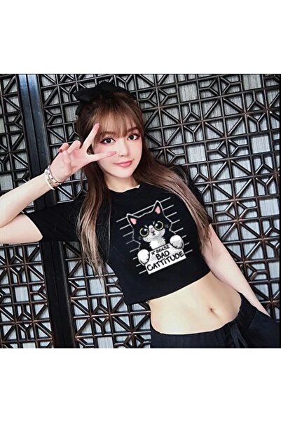 Le Savu Sevunera Bad Cattitude με τύπωμα Μαύρο Χρώμα Crop