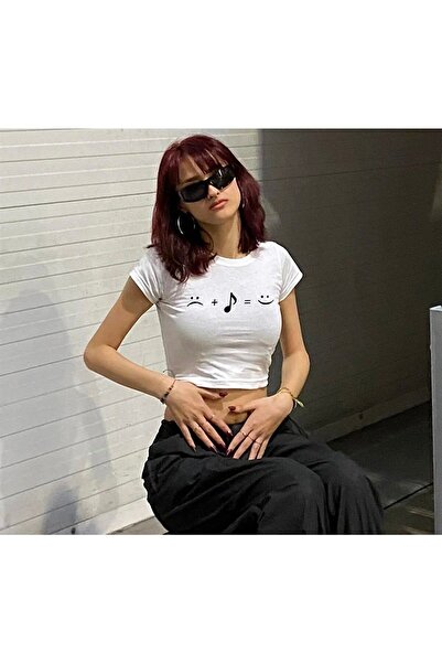 Le Savu Muzica Sevunera este egală cu fericirea cu imprimeu Crop de culoare albă