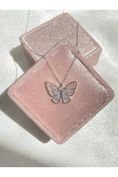 Harlofia Jewelry 925 Ayar Gümüş Rodyum Taşlı Kelebek Morpho Kolye