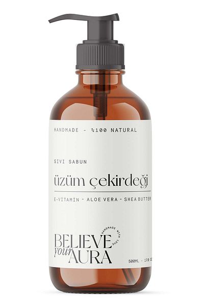 Believe Your Aura 500 ml 100% Natural Grape Seed Oil - E-Vitamin Aloe Vera and Shea Butter Added Hand Soap