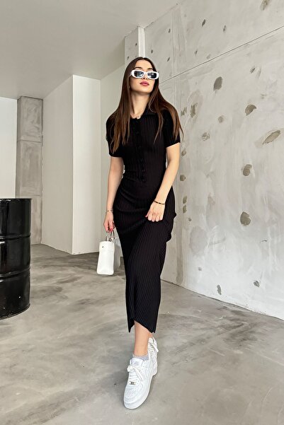 Cistern İstanbul Γυναικείο Πλεκτό Φόρεμα Μαύρο Κορδόνι Μακρύ Πόλο Γιακά