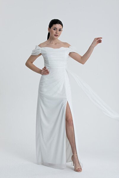 meksila Kadın Abiye Kayık Yakalı Drapeli Yırtmaçlı Detaylı Uzun Simli Elbise ...