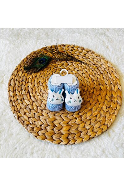 anne dokunuşu gibi KUZUM BEBE Mavi Tavşan Figürlü Triko Erkek Bebek Patiği