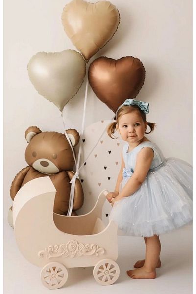 Çemrek Süs Parti Big Bear Foil Bear Balloon and Beige Heart Foil Balloon Set 4 Pieces