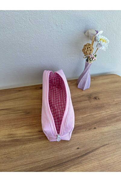 minyaturhayalim Pembe Çizgili Kalemlik Kalem Kutusu Makyaj Çantası Astarlıdır...