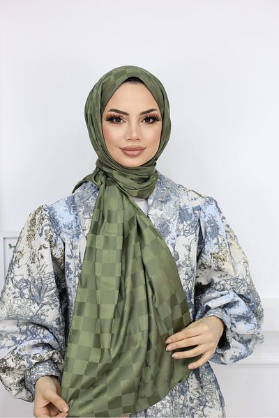 Trablus Checkerboard Patterned Hijab Women's Silky Jacquard Shawl