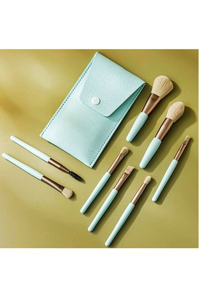 newnet Set de pensule de machiaj Mini set de machiaj profesional cyan de 8 piese cu carcasă portabilă de călătorie