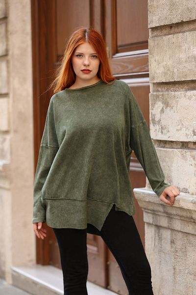 AYASOFYA OTANTIK Pulover tricot supradimensionat cu model asimetric colorat kaki - Gât crew BLuz