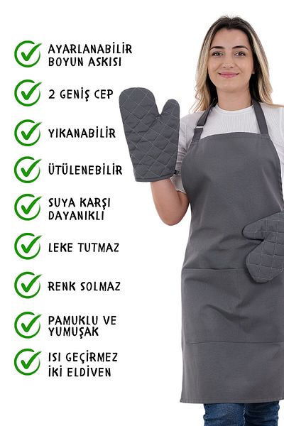 sevilya Gloves Set of 3 - Kitchen Apron with Adjustment Strap and Pocket (2 Gloves) Chef, Waiter, Cafe Cook Barista
