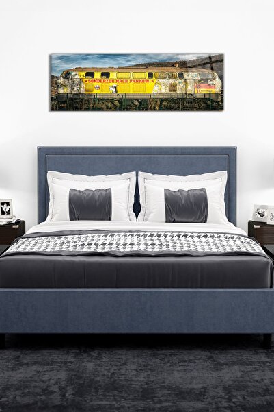 Vosevu Sarı Retro Tren Panoramik Cam Tablo, Modern Ev ve Ofis Dekoru, Hediyelik Duvar Dekorasyonu