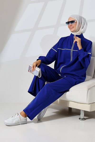 Mihran Butik Saks Blue Γυναικείο Hijab - Αθλητικό και άνετο χτενισμένο βαμβακερό σετ