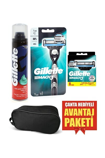 Gillette Mach 3 Makine 1 Up + Yedek Tıraş Bıçağı 8 Li + Tıraş Jeli 200 ml