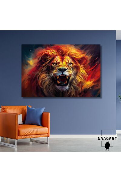 GAAGART Tekli Yatay Kanvas Duvar Tablosu Sarı Kırmızı Kükreyen Aslan