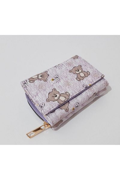 renkli çiçekler Children's Wallet 11X8 cm Purple Color Teddy Bear Patterned Children's Wallet