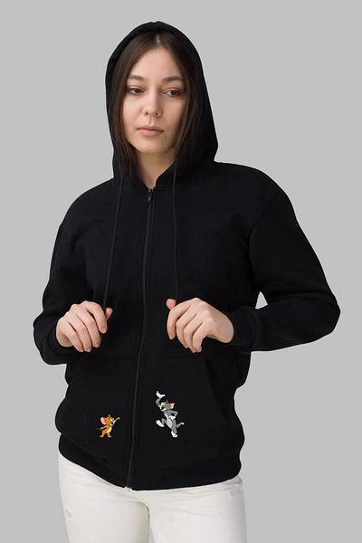 Nyda Collections Unisex Μαύρη ζακέτα Oversize - Χειμερινό μπουφάν με τσέπες, φερμουάρ, βαμβακερό ράστερ 3 κλωστών, στάμπα Tom And Jerry