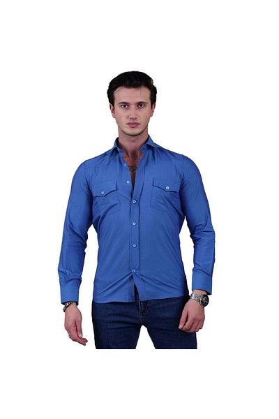 Exve Exclusive Cămașă occidentală slim fit din bumbac oxford albastru de culoare, respirabilă, cu clapă dublă