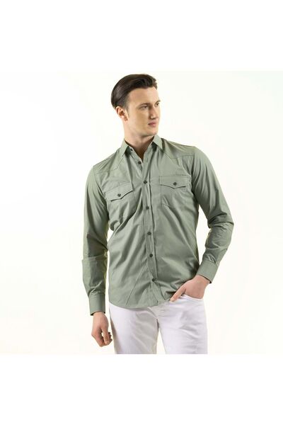 Exve Exclusive Water Green Single Color Pastel Cotton Double Pocket Cover Slim Fit Western Shirt
