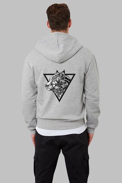 Nyda Collections Ζακέτα Unisex Grey Oversize - 3 κλωστές, φερμουάρ και τσέπες, στάμπα Wolf, χειμερινό μπουφάν από βαμβάκι