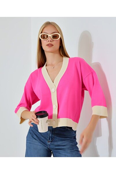 OXEDCO Women's Pink Color Buttoned Knitwear Cardigan