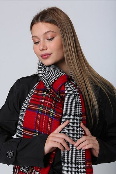 Luminos Butik Red Plaid Patterned Women's Neckerchief - Double Sided, 70X185 cm Sal1214