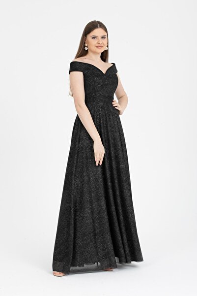 meksila Kadın Kayık Yakalı Straptes Uzun Kloş Simli Abiye Elbise Davet / 4089 Siyah
