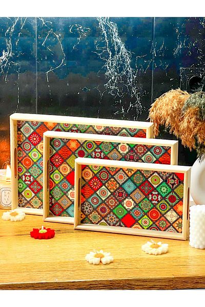 Deseja Wooden 3 Size Mandala Pattern Serving Presentation Tray Tea Coffee Serving Tray Tableware Kitchen