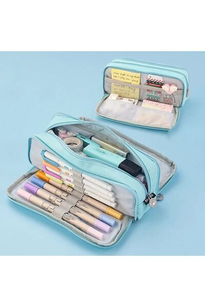 Kawaii Angoo 3 Bölmeli Geniş Kapasiteli Kalemlik Açık Mavi