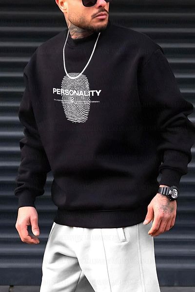 Millionaire Μαύρο ανδρικό φούτερ Fleece - 0 Crew Neck, Oversized Cut, Personality Printed