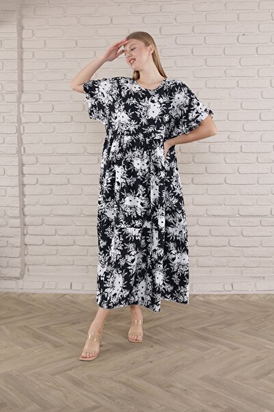 mervemoda Women's large size short-sleeved summer woven viscose print dress