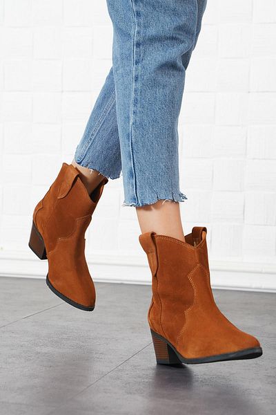 Moda Pie Tan Suede Γυναικείες Μπότες Western - Kasre Γνήσιο δέρμα