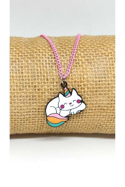 TUNA TAKI & AKSESUAR UNİCORN KEDİ KOLYE. MİNELİ, RENKLİ ZİNCİRLİ.