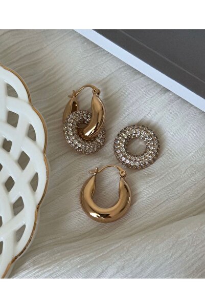 SU PERİSİ TAKI BİJUTERİ Vip Seri Gold Zirkon Taşlı Halka Küpe
