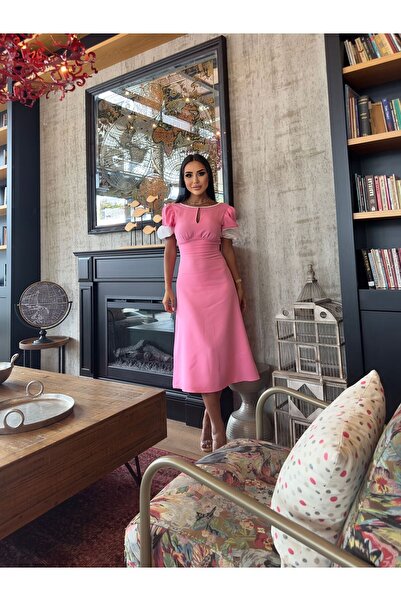 LOCH BUTİK فستان نسائي وردي متوسط الطول - أكمام برباط ورباط خلفي