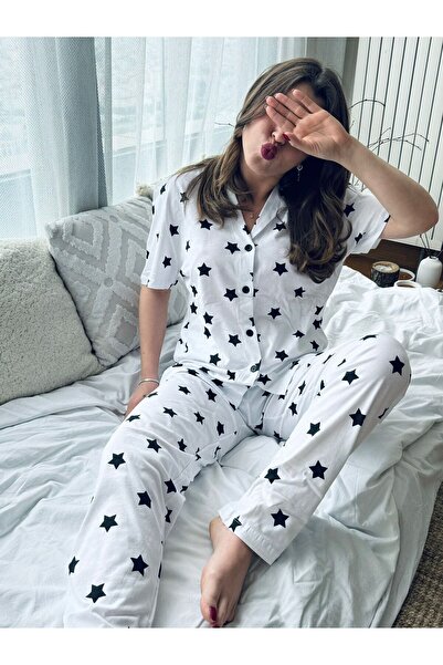 Moda Clubu طقم بيجامة نسائية قطنية بأكمام قصيرة منقوشة باللون الأبيض