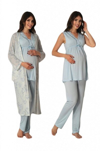 E&C HAMİLE ÇARŞISI Effortt 8034 Blue Pattern Maternity Pajamas with Dressing Gown