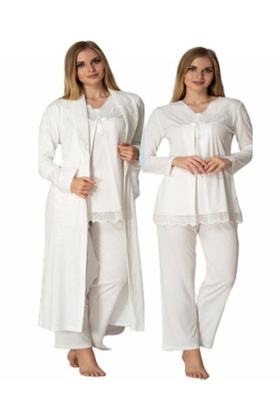 Effortt Women's Ecru Maternity Pajama Set and Dressing Gown