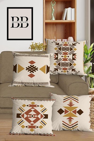 Belle Benoit Μπεζ Ethnic Design Διακοσμητικές Μαξιλαροθήκες Καναπέ Σετ Κάλυμμα Μαξιλαριού Ριχτάρι Διπλής Όψης