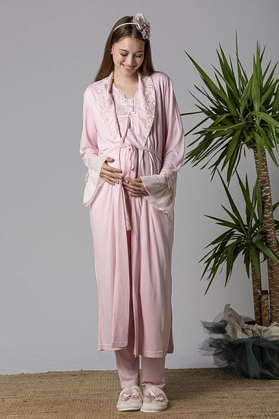 Effortt Powder Maternity Pajama Set with Dressing Gown