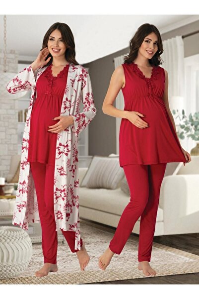 Effortt طقم بيجامة للحوامل 8034 باللون الفوشيا مع ياقة دانتيل منقوشة