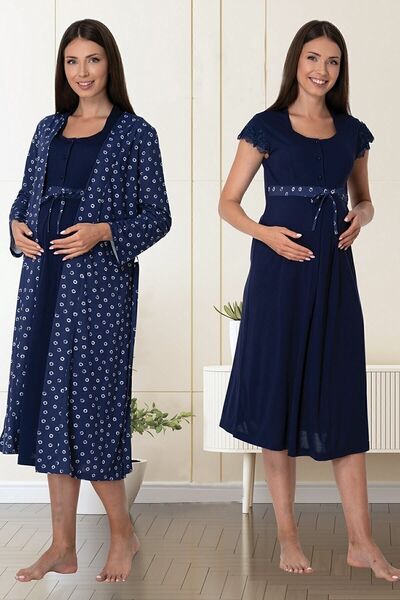 ByLohusa Set cămașă de noapte pentru maternitate Effortt bleumarin cu halat d...