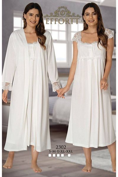 Effort Pijama Women's Ecru Maternity Nightgown Set with Dressing Gown Effortt 2302e